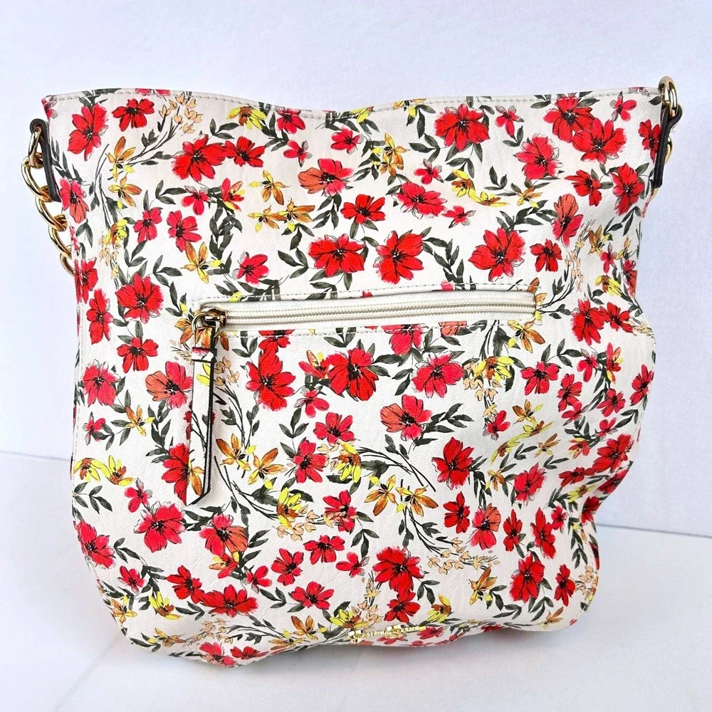 Jessica‎ Simpson Floral Hobo Bag White Red Yellow Gold Chain Link Strap JS Charm